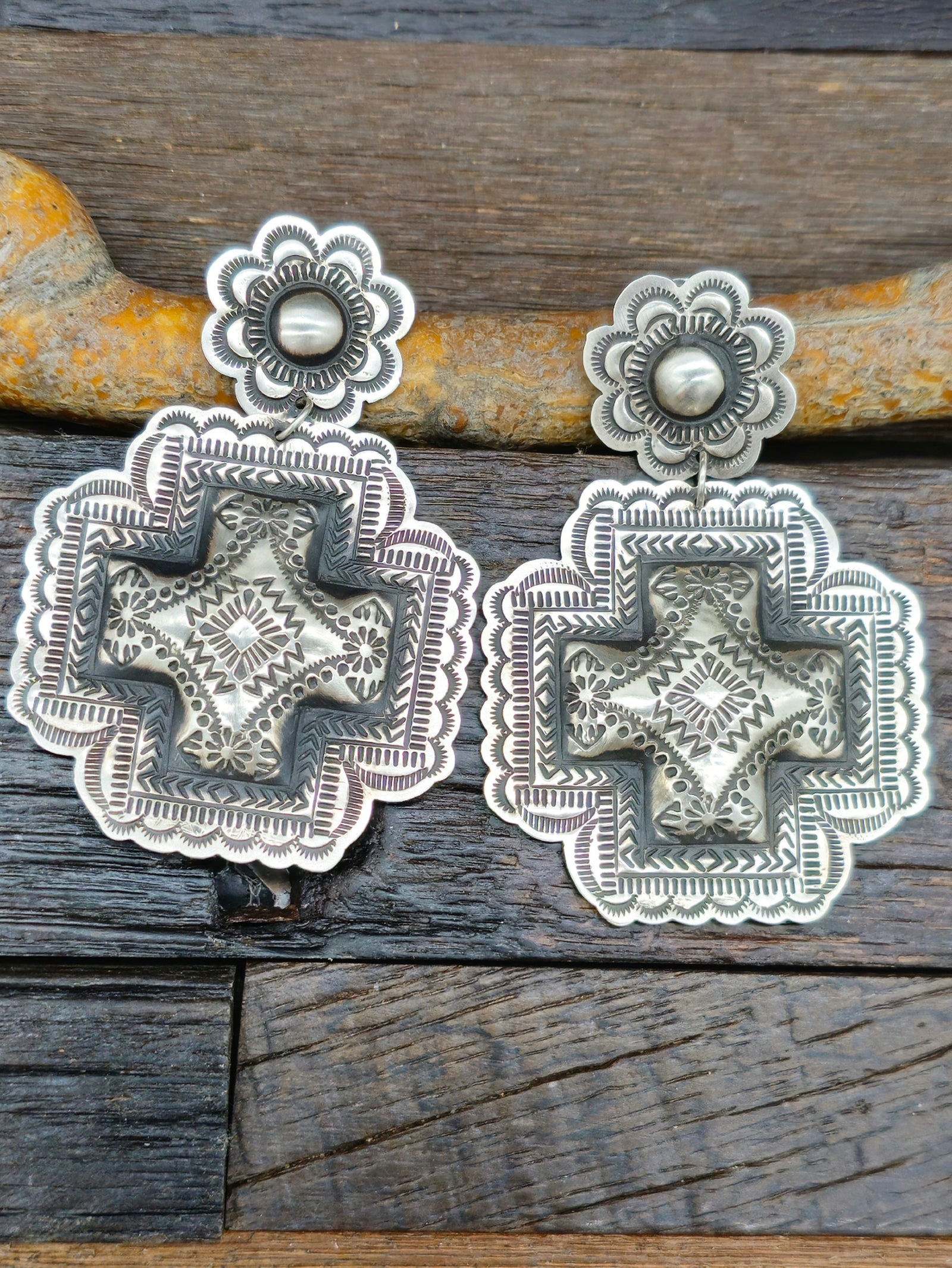Large Leander Tahe Stamped Cross Earrings