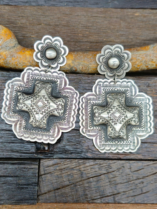 Large Leander Tahe Stamped Cross Earrings