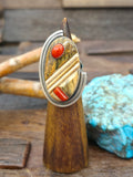 Sterling Silver Cobblestone Inlay Ring with Coral and Fossil Ivory by Walter Vandever - Size 9 1/2