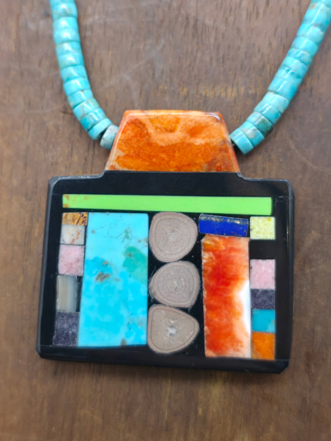 Turquoise Heishi Necklace with Mosaic Inlay Pendant by Mary Tafoya - 18 in.