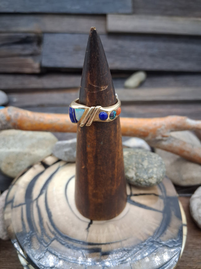 Lapis Lazuli Fire Opal Coral Turquoise 14kt Gold Ring Size 7 1/2