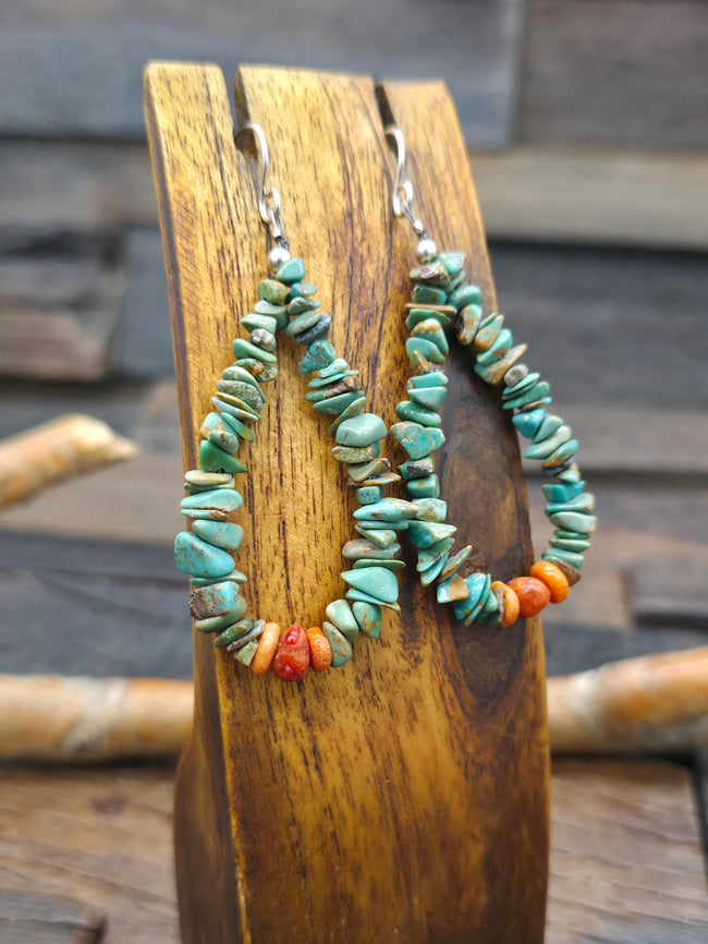 Green Turquoise Nugget Jacla Earrings with Orange Spiny - 3 in. by 1 in.