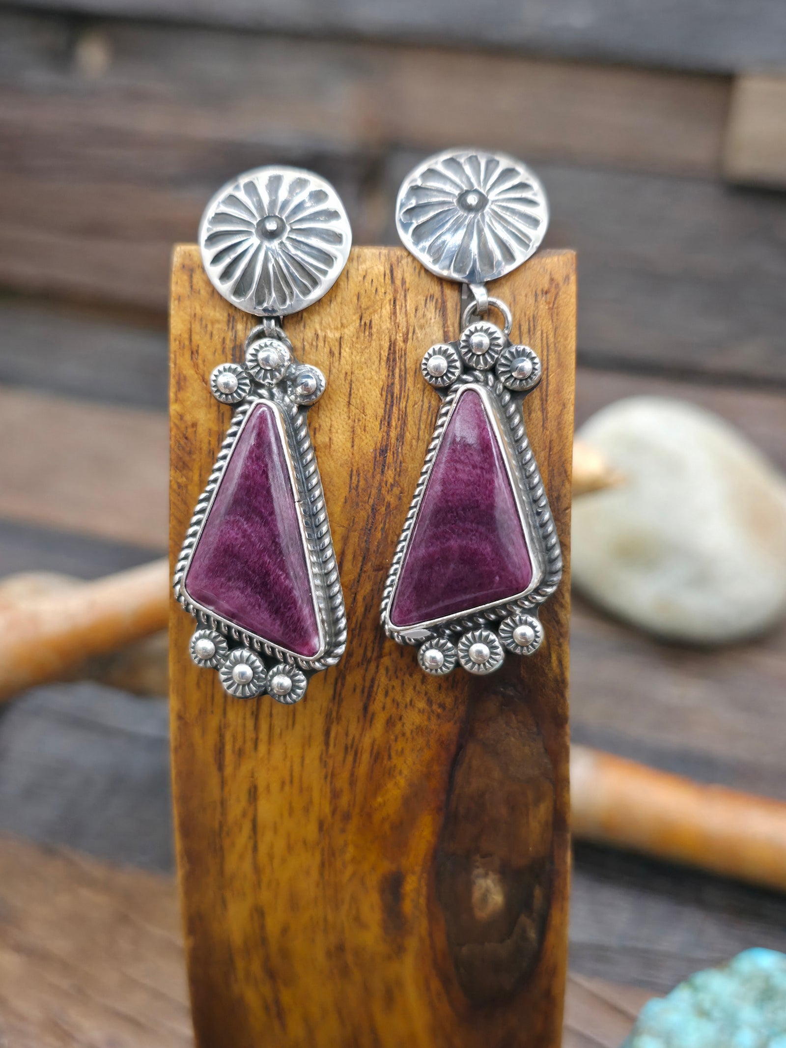 Sterling Silver Purple Spiny Oyster Post Dangle Earrings by J. Nelson - 2 in. by 3/4 in.