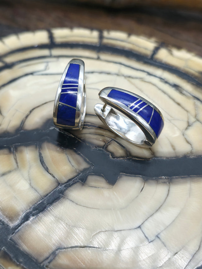 Sterling Silver Lapis Inlay Hoop Earrings - 1 in. by 1/4 in.