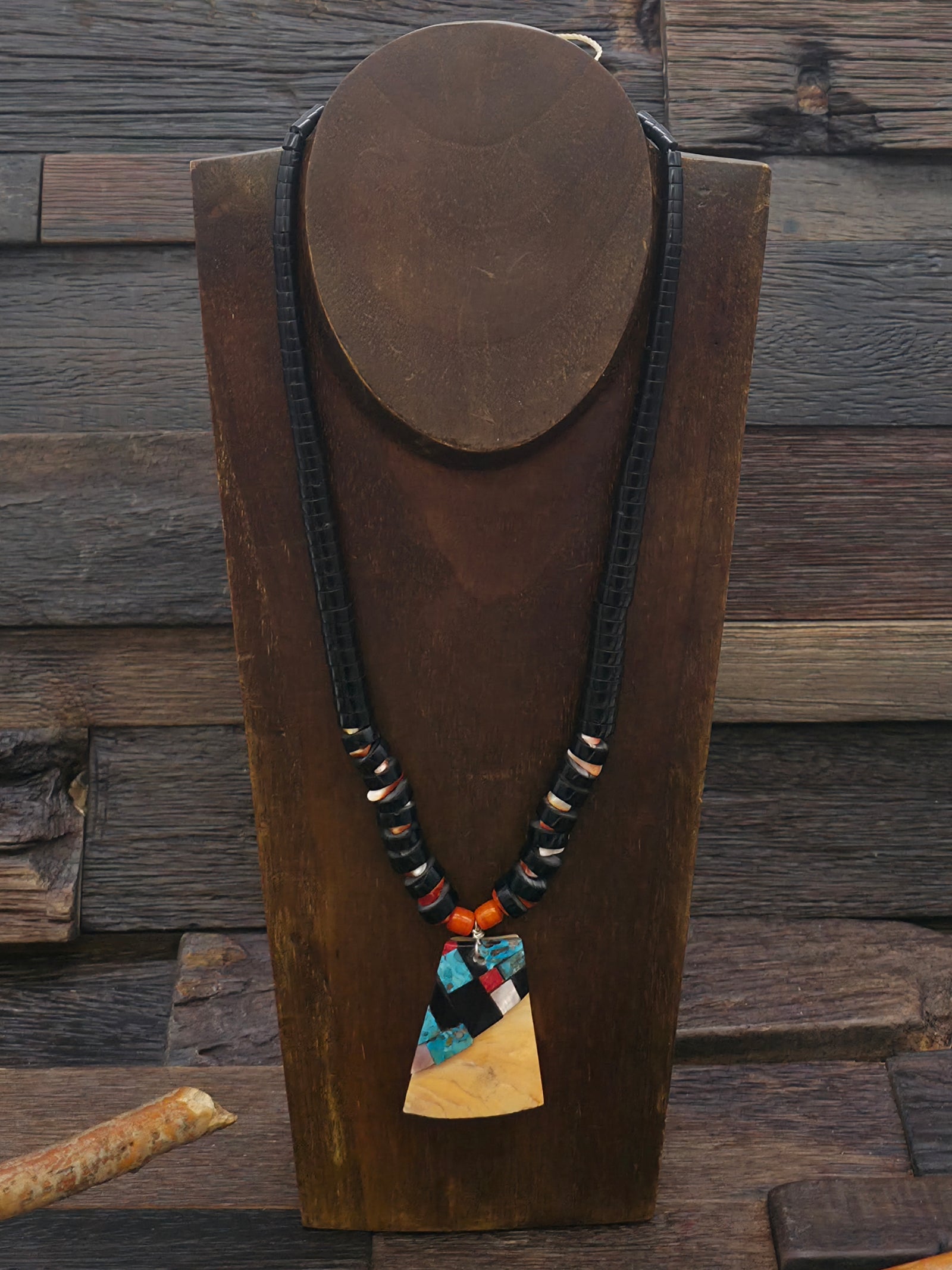 Jet Heishi Necklace with Mosaic Inlay Pendant by Nathan Garcia - 20 in.