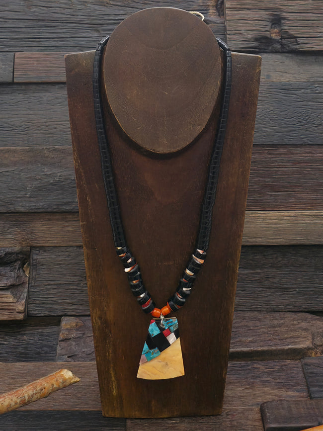 Jet Heishi Necklace with Mosaic Inlay Pendant by Nathan Garcia - 20 in.