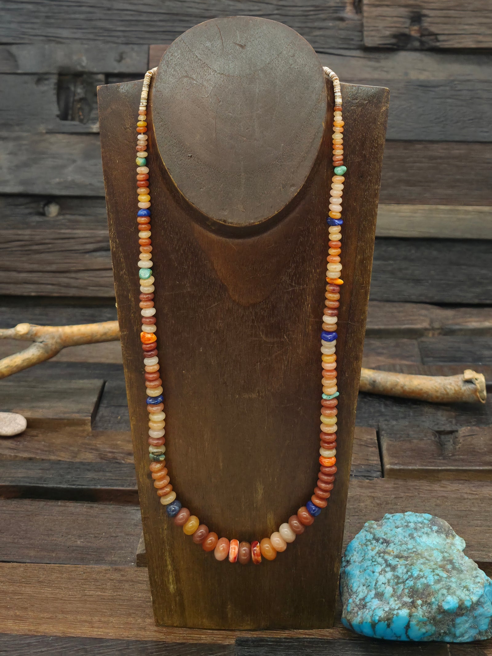 Carnelian Necklace with Turquoise, Lapis, and Spiny Beads by Robert Coriz - 23 in.