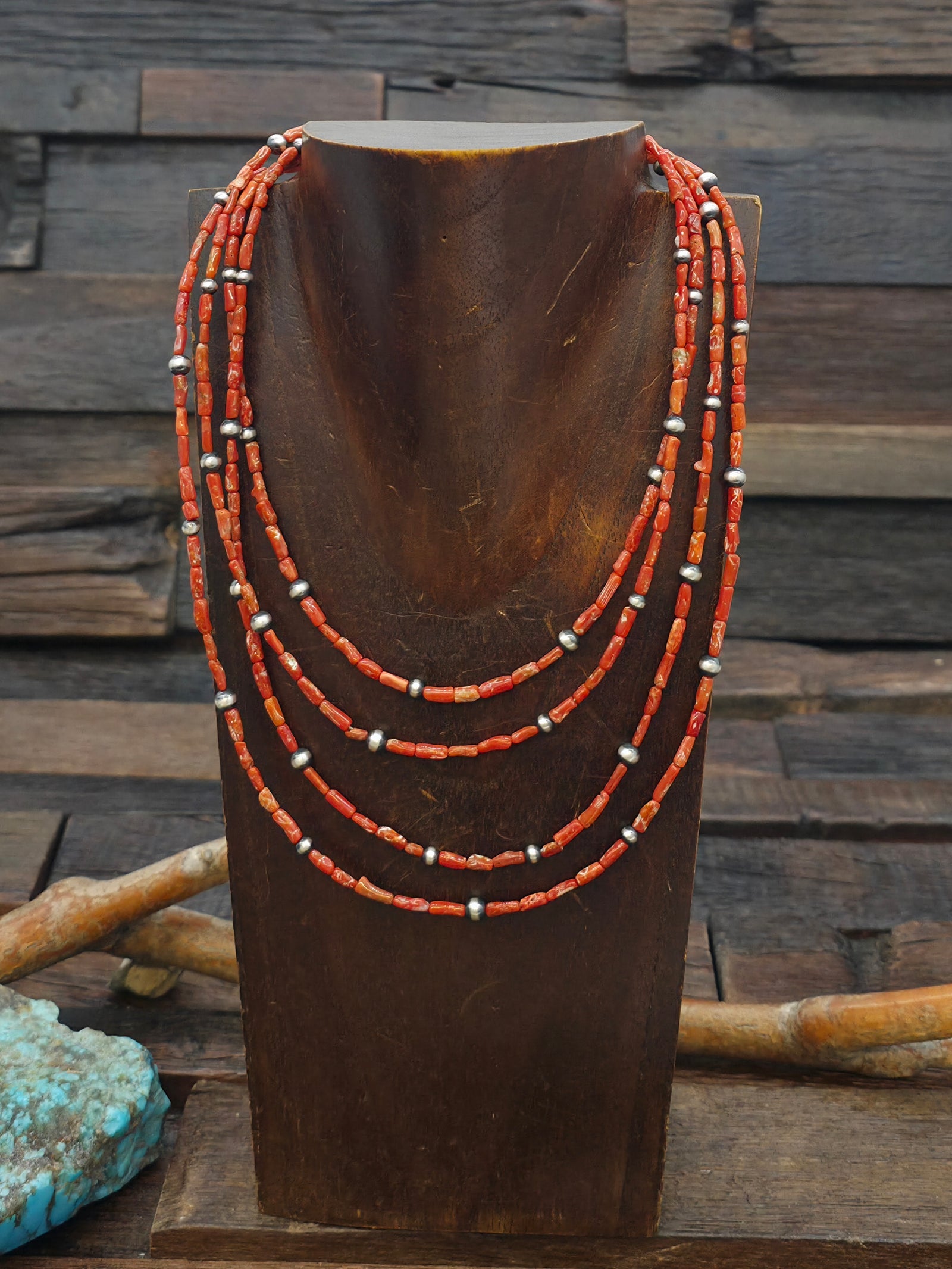 Four Strand Graduated Length Coral and Sterling Silver Bead Necklace - 16 in.