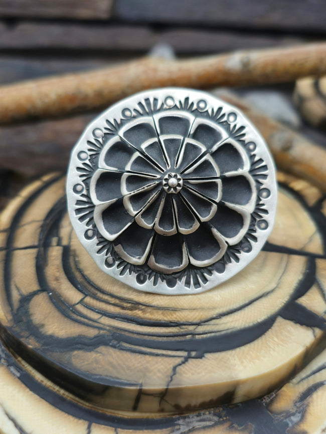 Adjustable Stamped Sterling Silver Ring by Leander Tahe