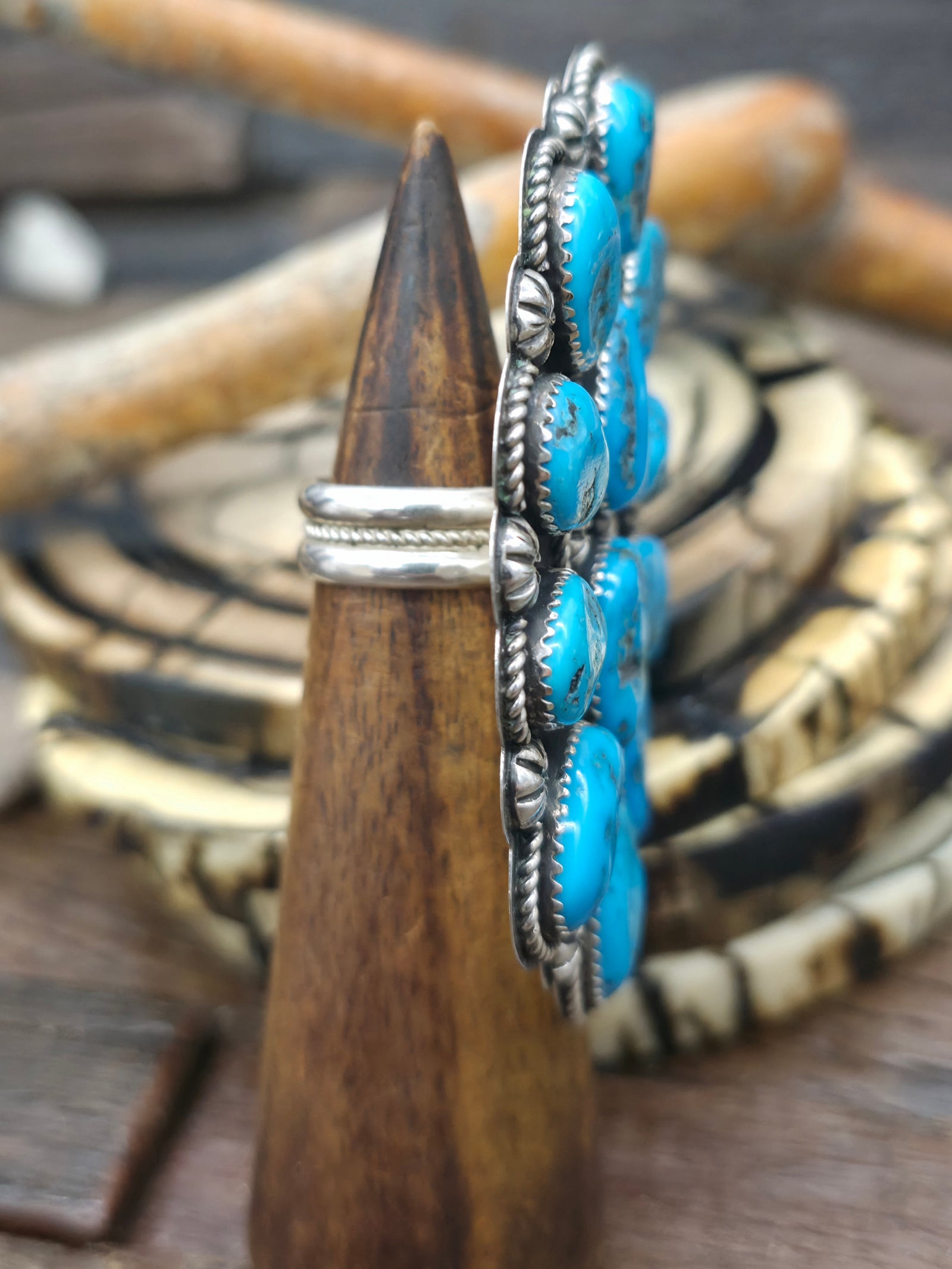 Sterling Silver Kingman Turquoise Cluster Ring by Kyle Wilson - Adjustable