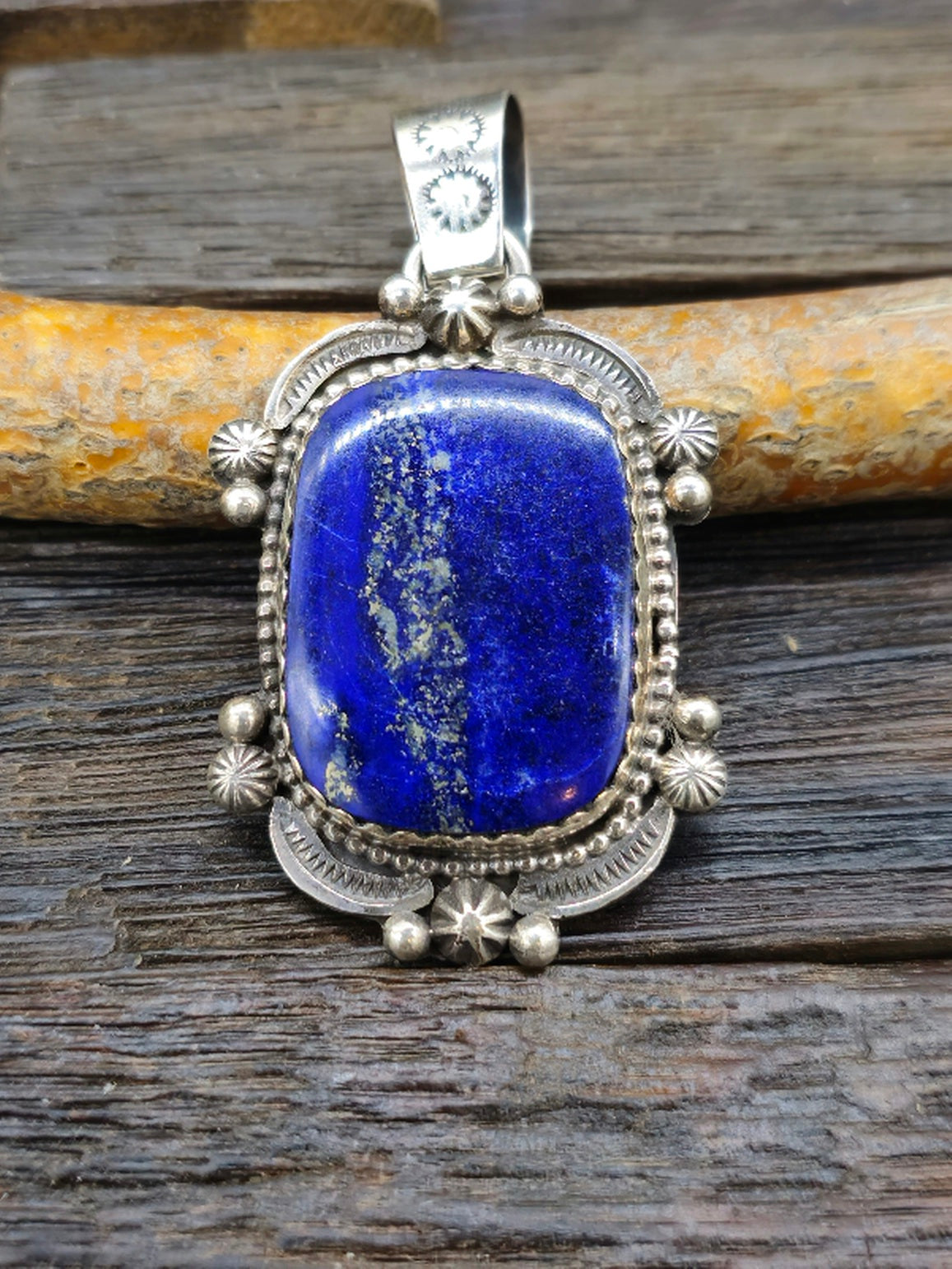 Lapis Lazuli and Sterling Silver Pendant with Stamp Work by Rosella Paxton