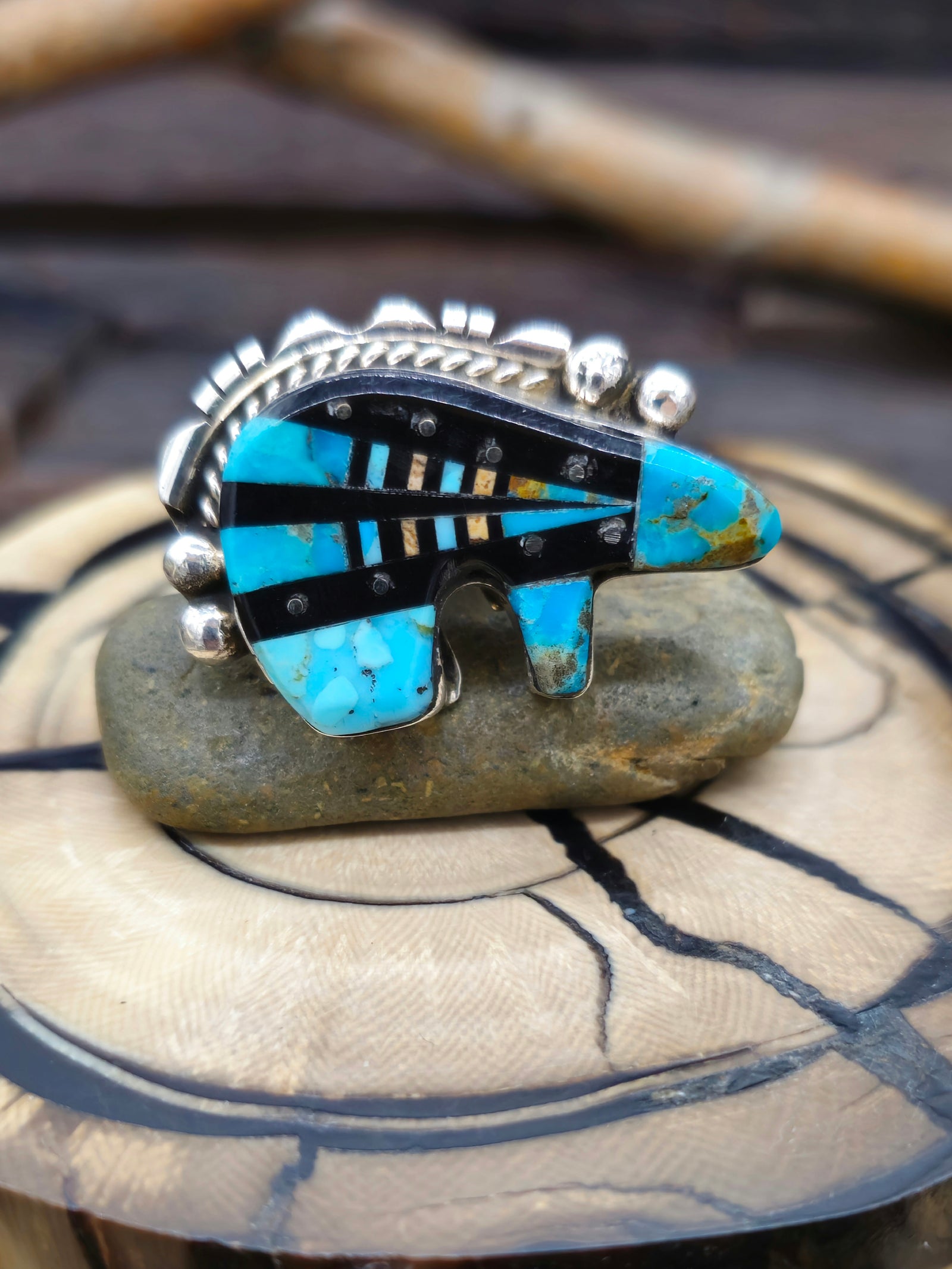 Turquoise and Jet Sterling Silver Bear Inlay Ring by Ray Jack - Size 6 1/2