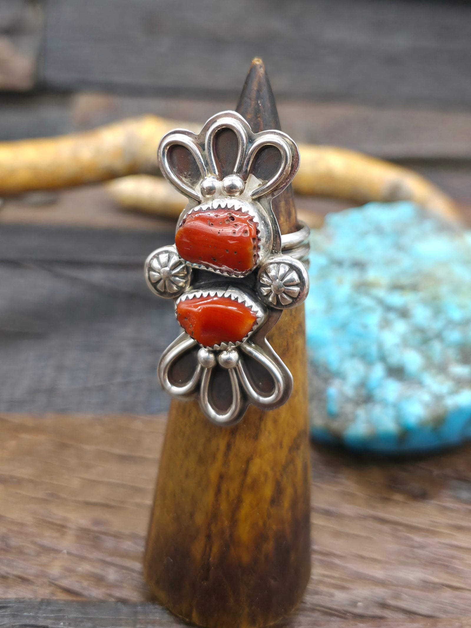 Sterling Silver and Coral Statement Ring by Delbrt Secatero - Adjustable
