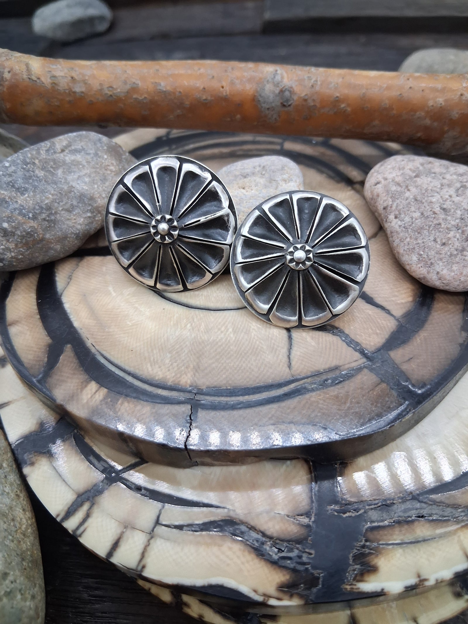 Sterling Silver Round Flower Earrings by Rhonda Largo