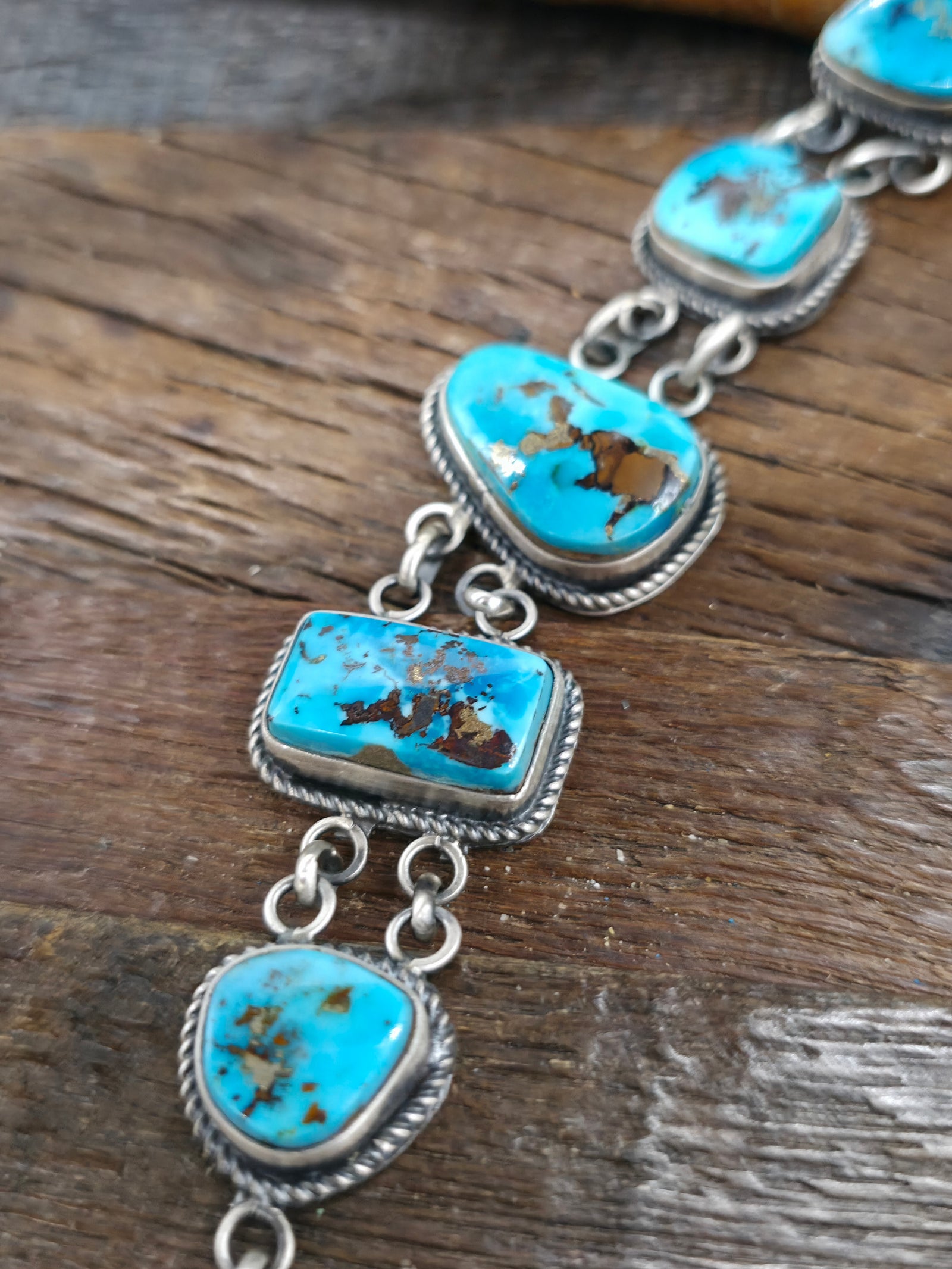 Five Stone Blue Gem Turquoise Sterling Silver Link Bracelet by LaRose Ganadanegro - 9 1/2 in.