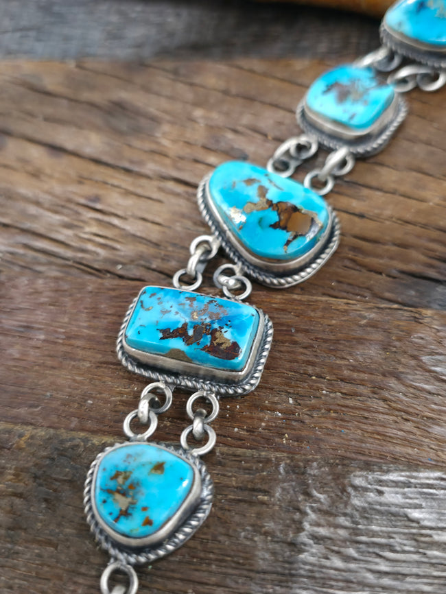 Five Stone Blue Gem Turquoise Sterling Silver Link Bracelet by LaRose Ganadanegro - 9 1/2 in.