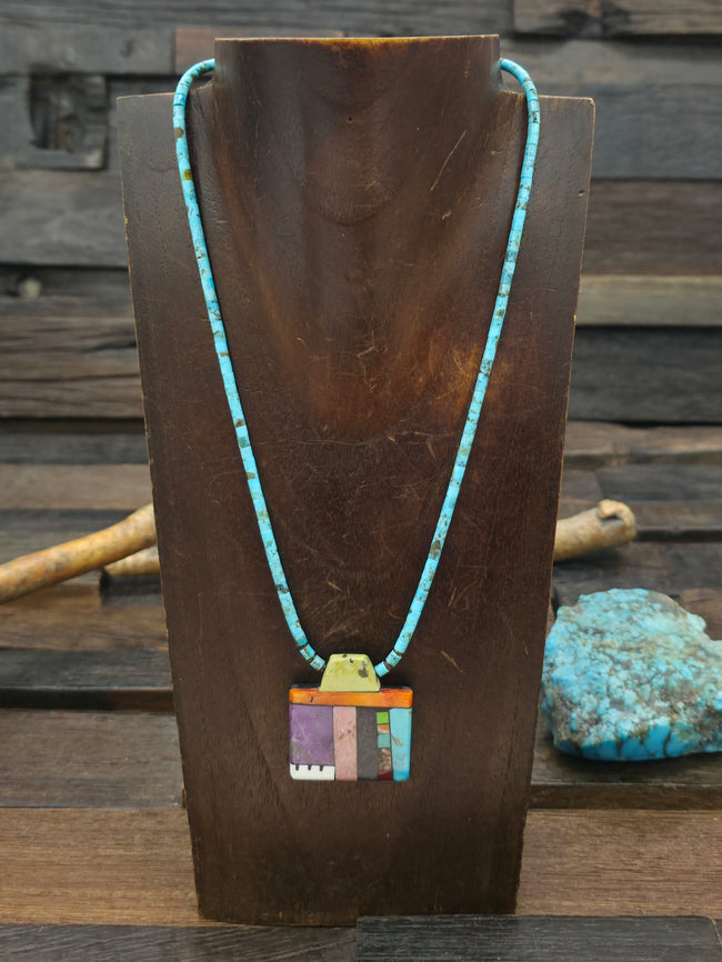 Turquoise Heishi Necklace with Mosaic Inlay Pendant by Mary Tafoya - 18 in.