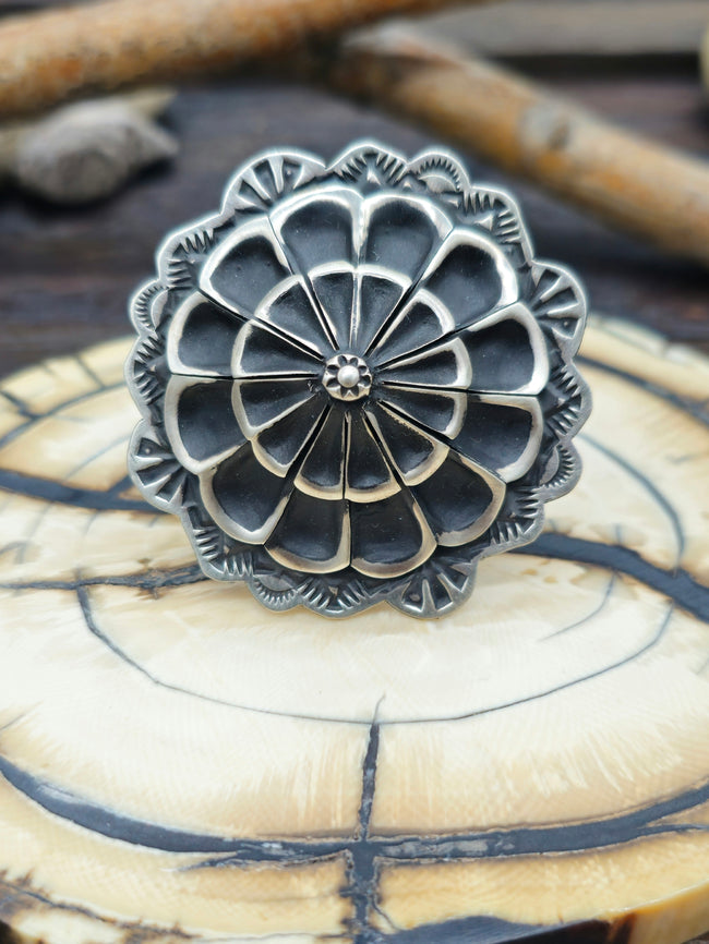 Adjustable Stamped Sterling Silver Ring by Leander Tahe