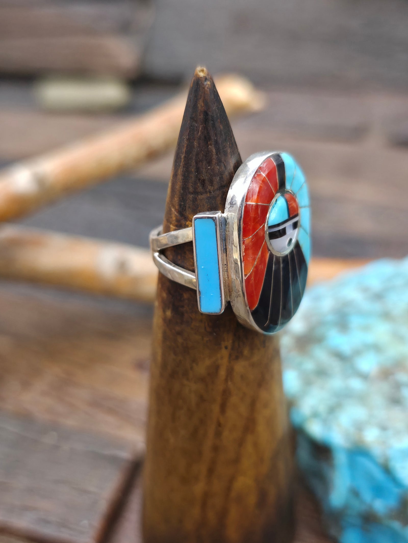 Zuni Inlay Sun Face Ring with Coral Turquoise and Jet by Don Dewa - Size 6