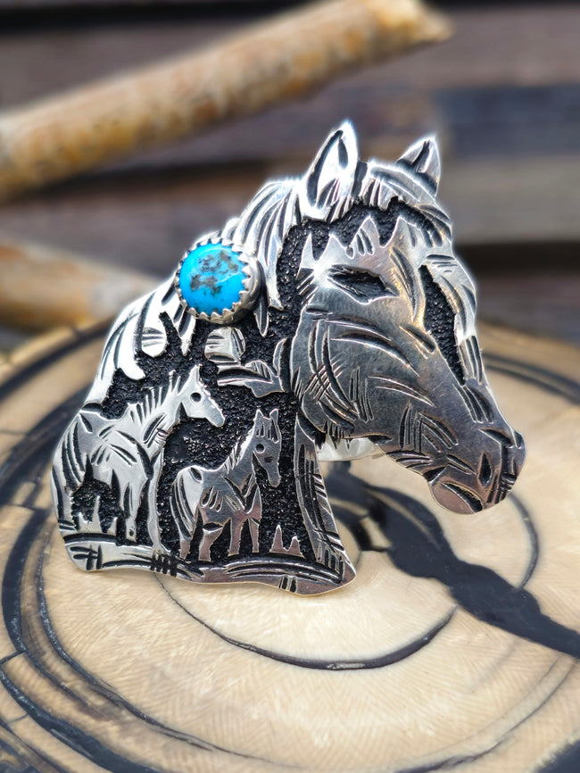 Sterling Silver and Turquoise Horse Head Ring by Richard Singer - Adjustable