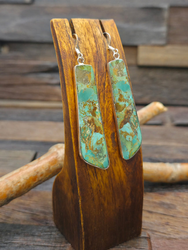 Long Green Turquoise Slab Earrings with Sterling Silver by Veronica Tortalita