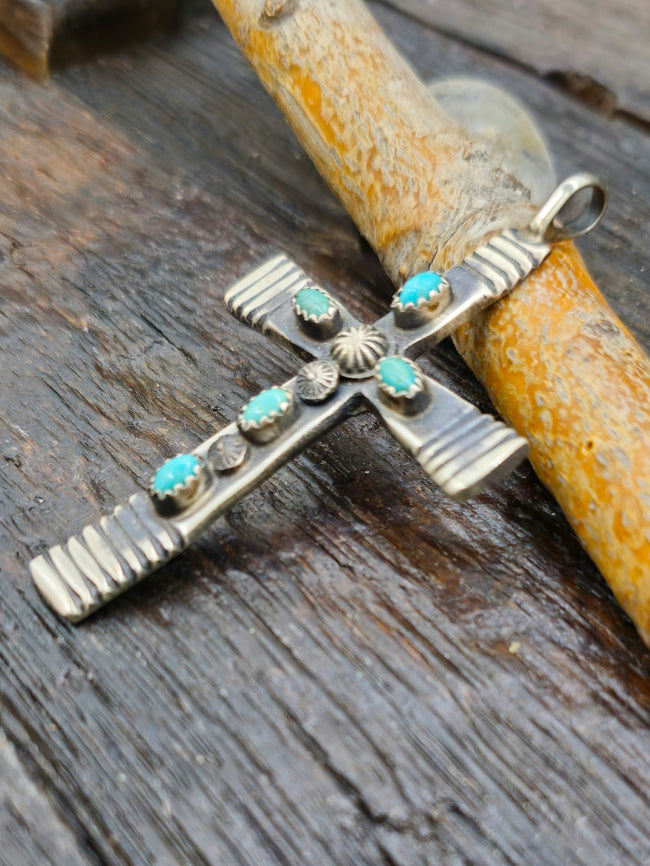 Oxidized Sterling Silver and Turquoise Cross Pendant by Martha Cayatineto
