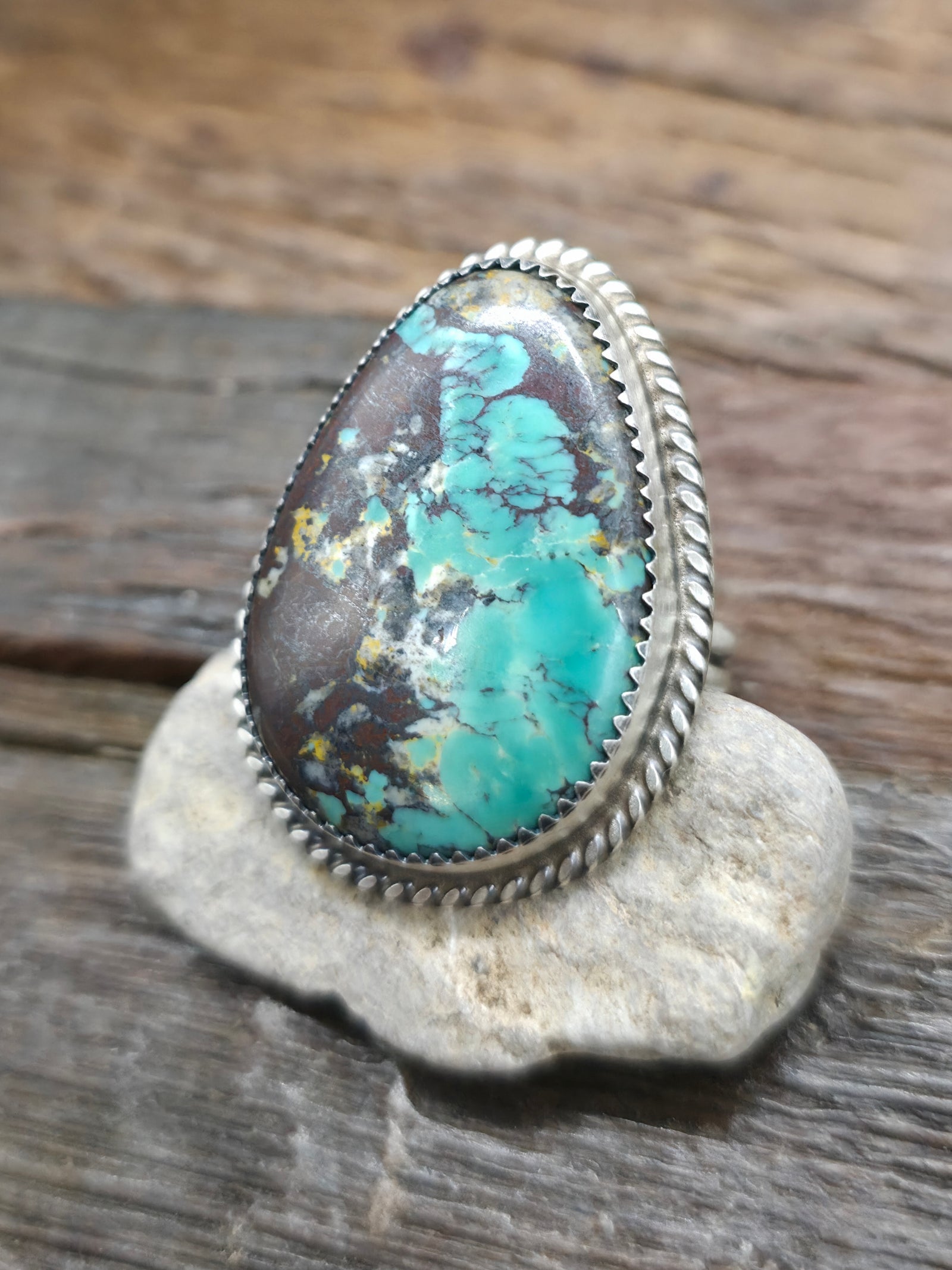 Sterling Silver Pear Shaped Turquoise Statement Ring by Leslie Nez - Adjustable
