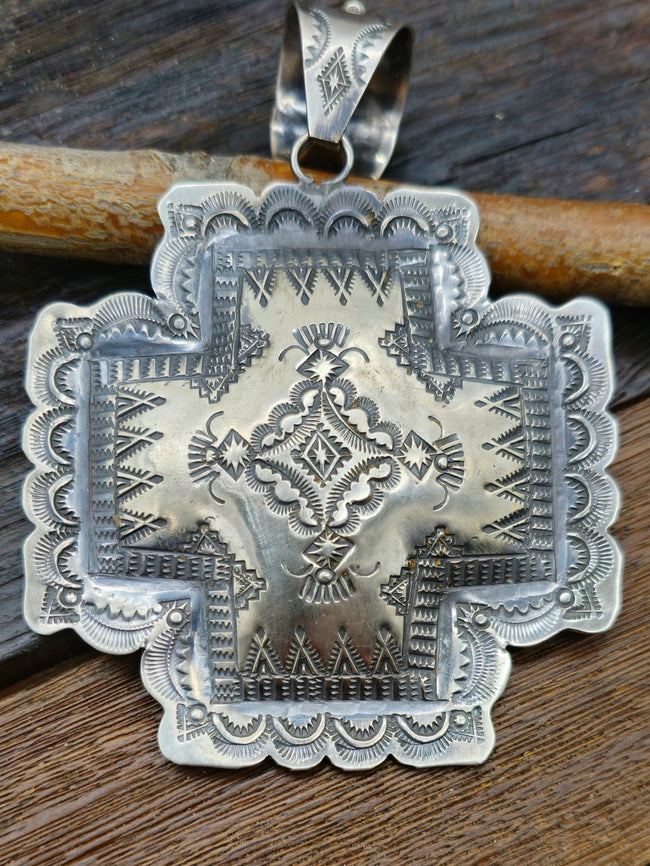 Large Sterling Silver Santa Fe Cross Pendant by Vincent Platero - 3 in.