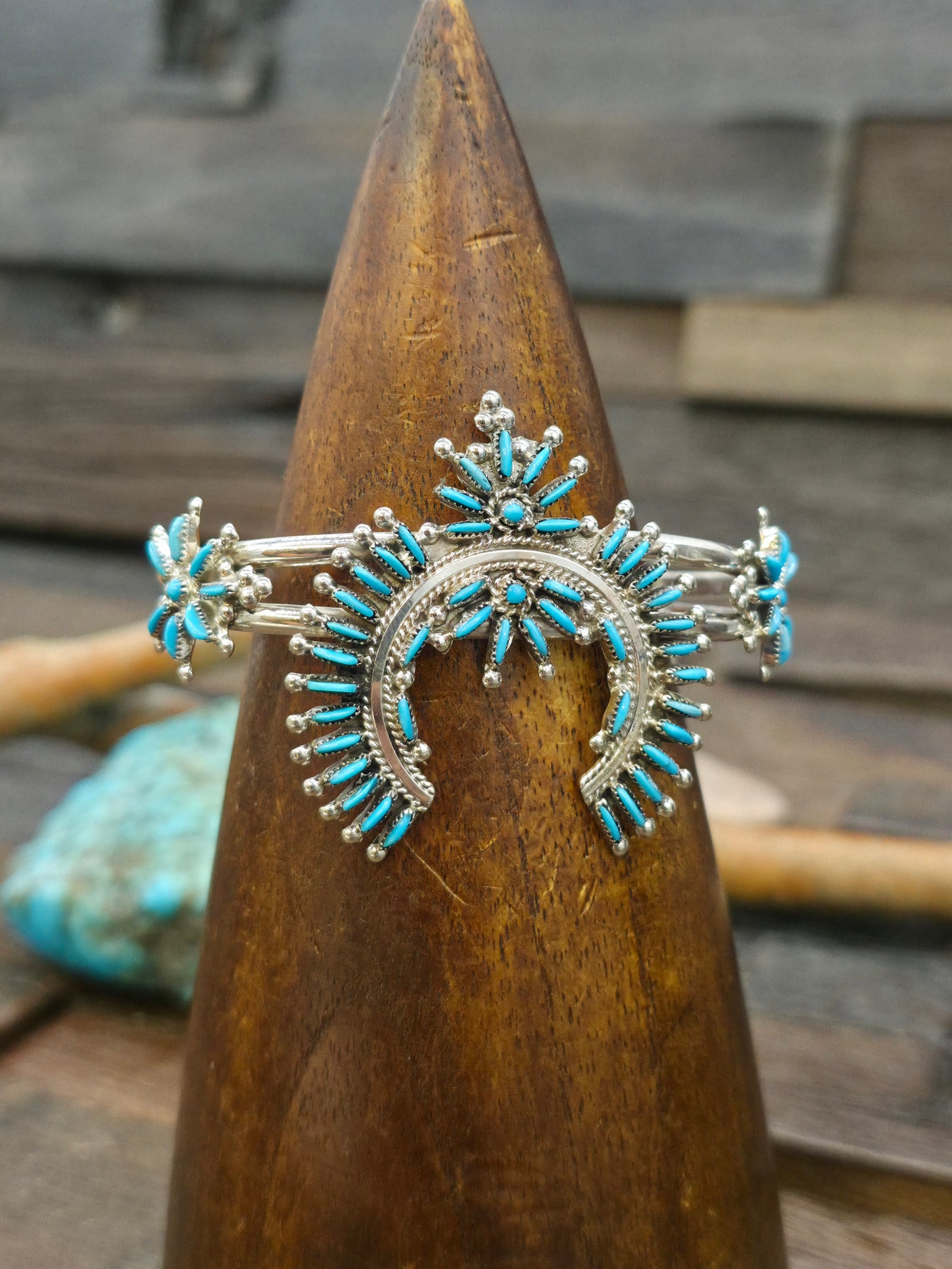 Sterling Silver Turquoise Zuni Needlepoint Naja Cuff Bracelet - 6 1/2 in. with Gap