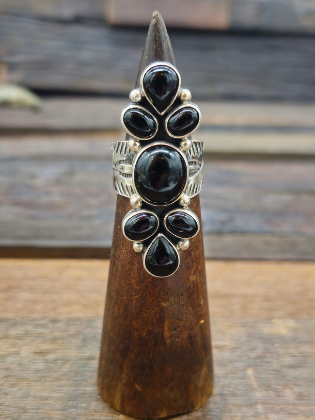 Sterling Silver Black Onyx Cluster Ring - Size 10
