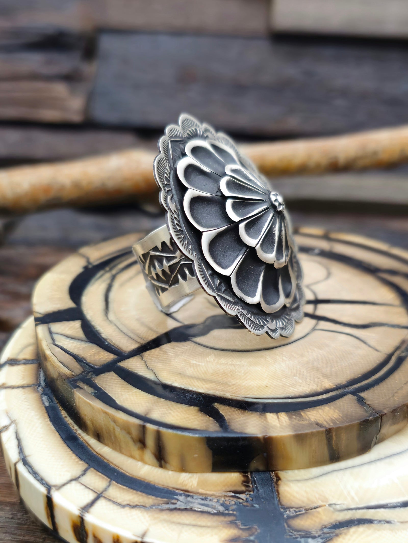 Adjustable Stamped Sterling Silver Ring by Leander Tahe