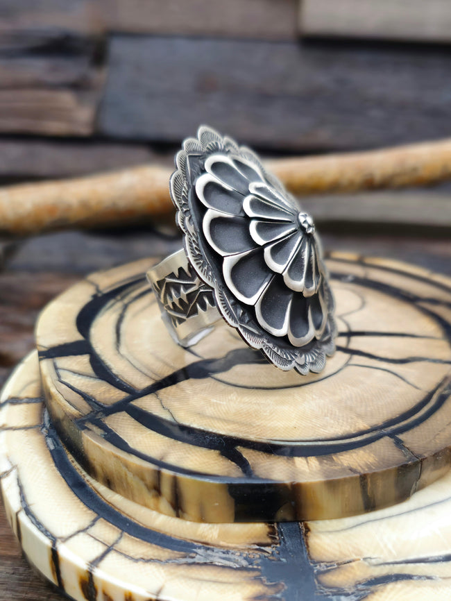 Adjustable Stamped Sterling Silver Ring by Leander Tahe