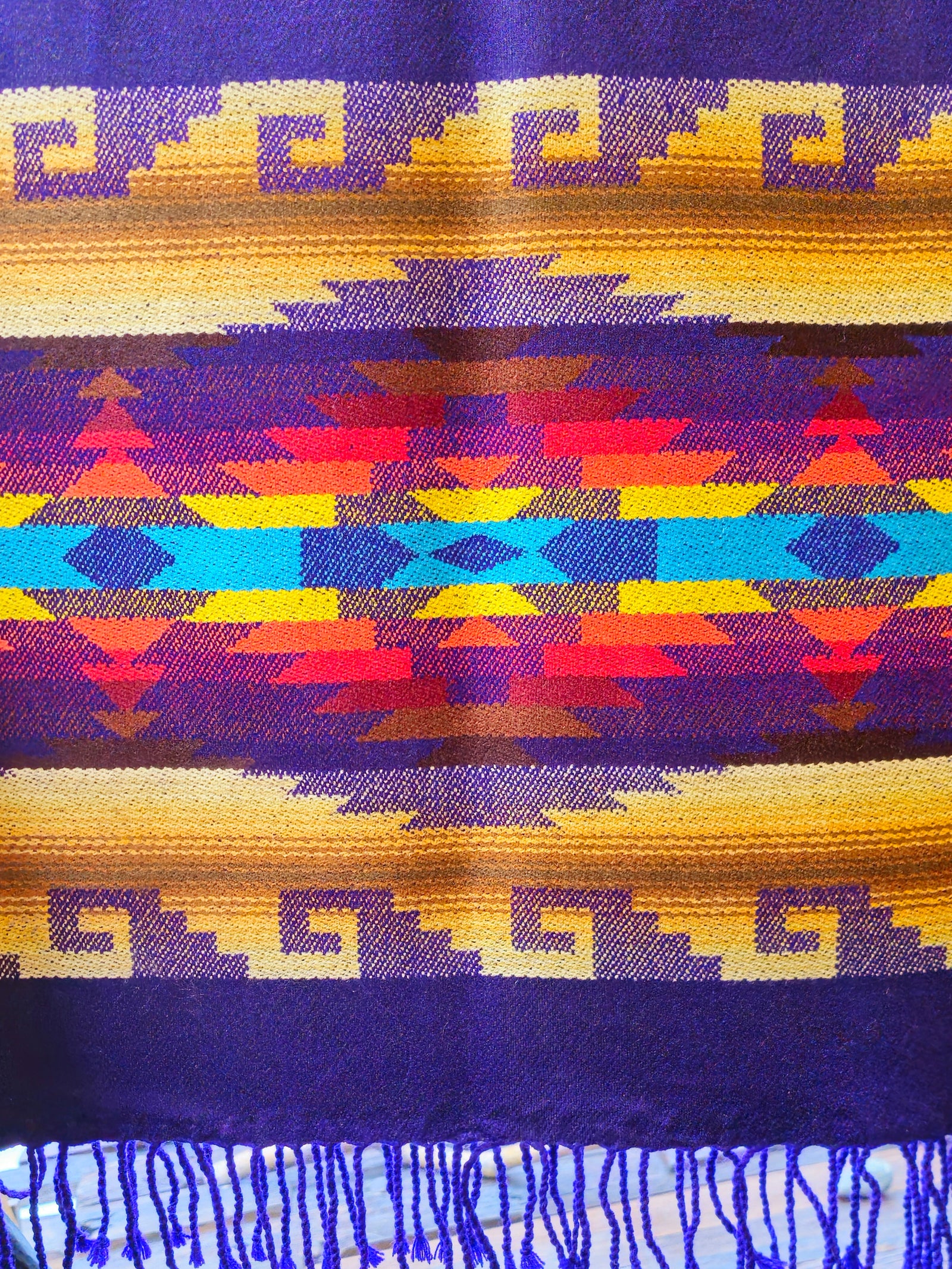 Purple Blanket Print Poncho with Fringe - Black Reverse