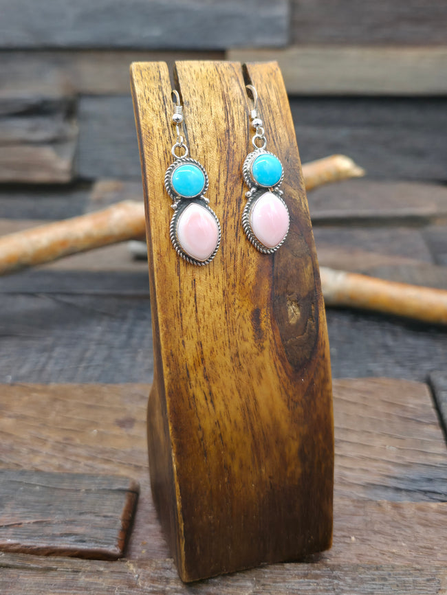 Sterling Silver Turquoise and Pink Conch Earrings by "DW" - 2 in. by 1/2 in.