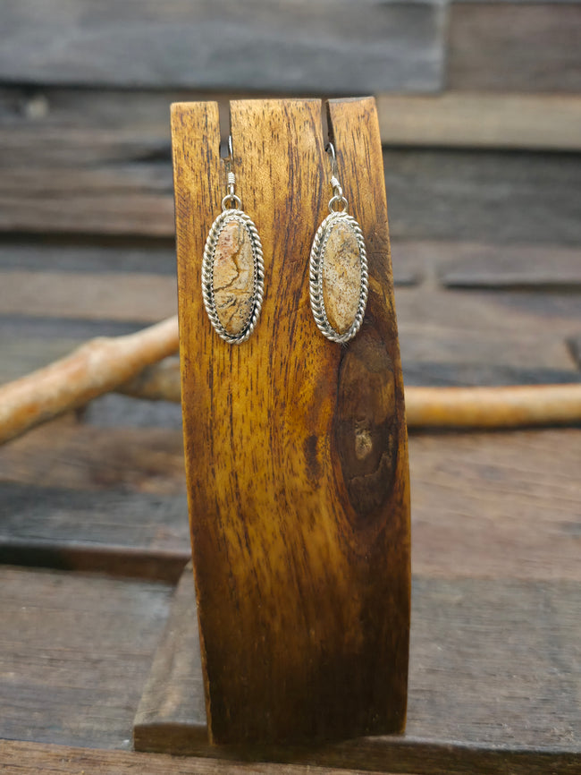Sterling Silver Rope Wood Jasper Earrings by Robert Yazzie 1 3/4 in. by 1/2 in.
