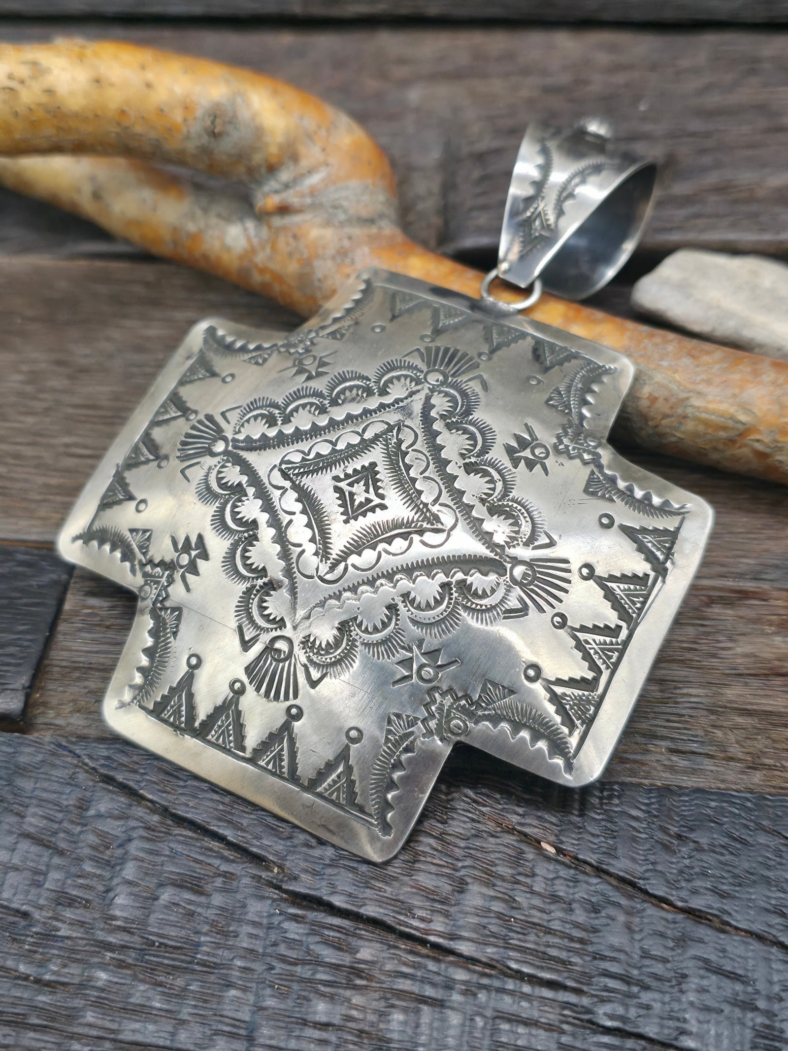 Large Stamped Sterling Silver Santa Fe Cross Pendant by Vincent Platero - 4 1/2 in. by 3 1/4 in.