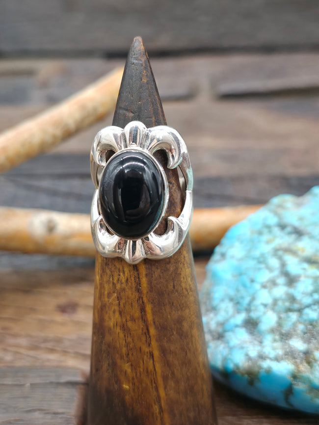 Cast Sterling Silver Onyx Ring by Kevin Yazzie - Size 9