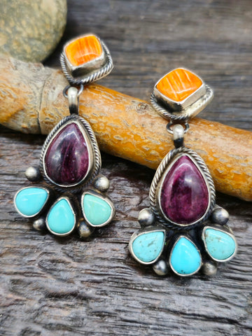 Blue Turquoise Squash Blossom Necklace and Earring Set by Nila Johnson - 26 in.