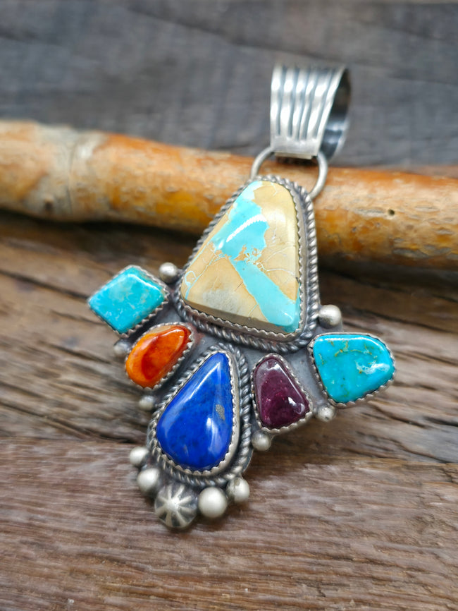 Blue Gem Turquoise, Lapis, and Red and Orange Spiny Sterling Silver Pendant by LaRose Ganadanegro - 3 in. by 2 in.
