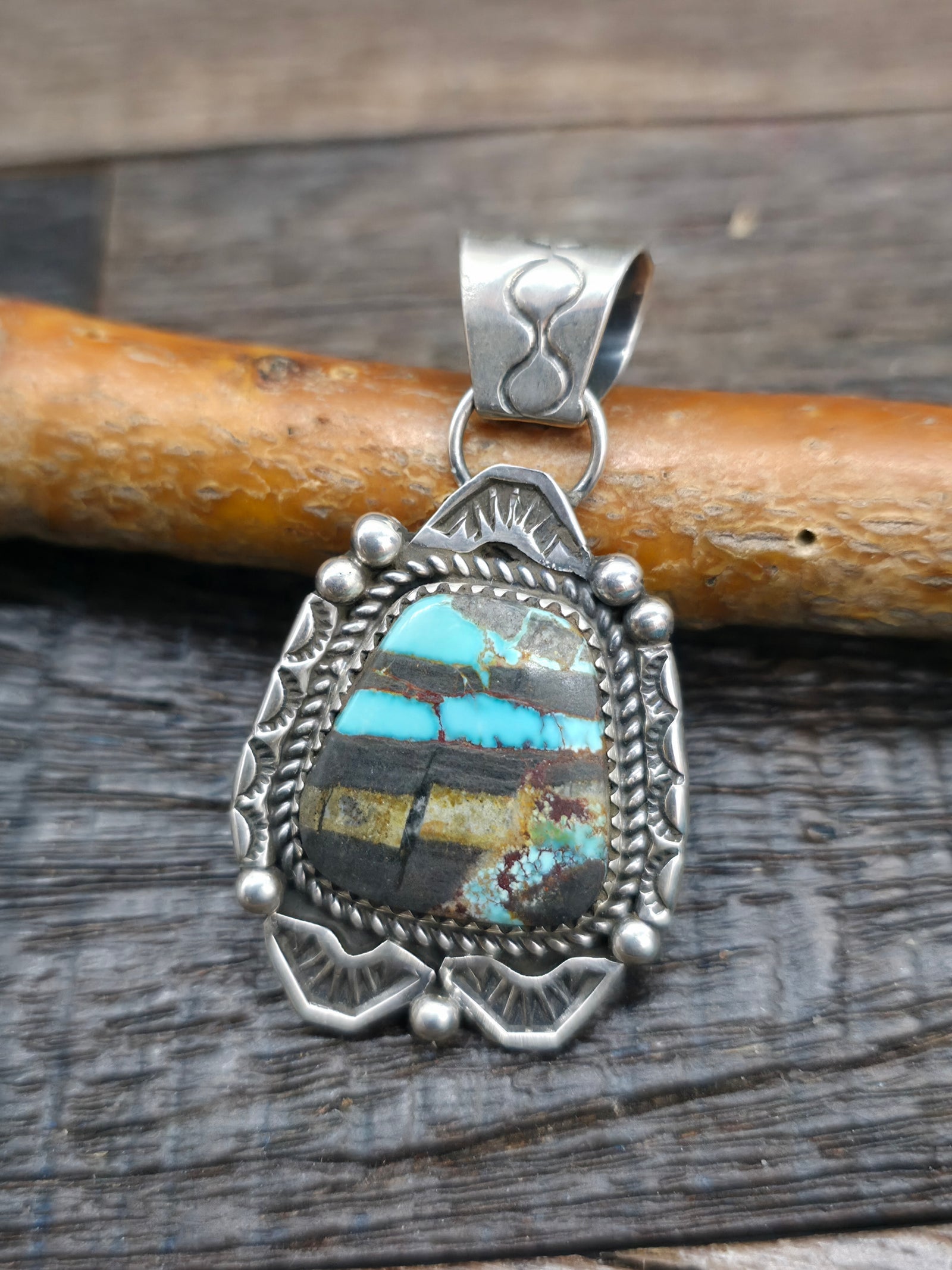Sterling Silver Ribbon Turquoise Pendant by Rosella Paxson- 1 7/8 in. by 1 in.