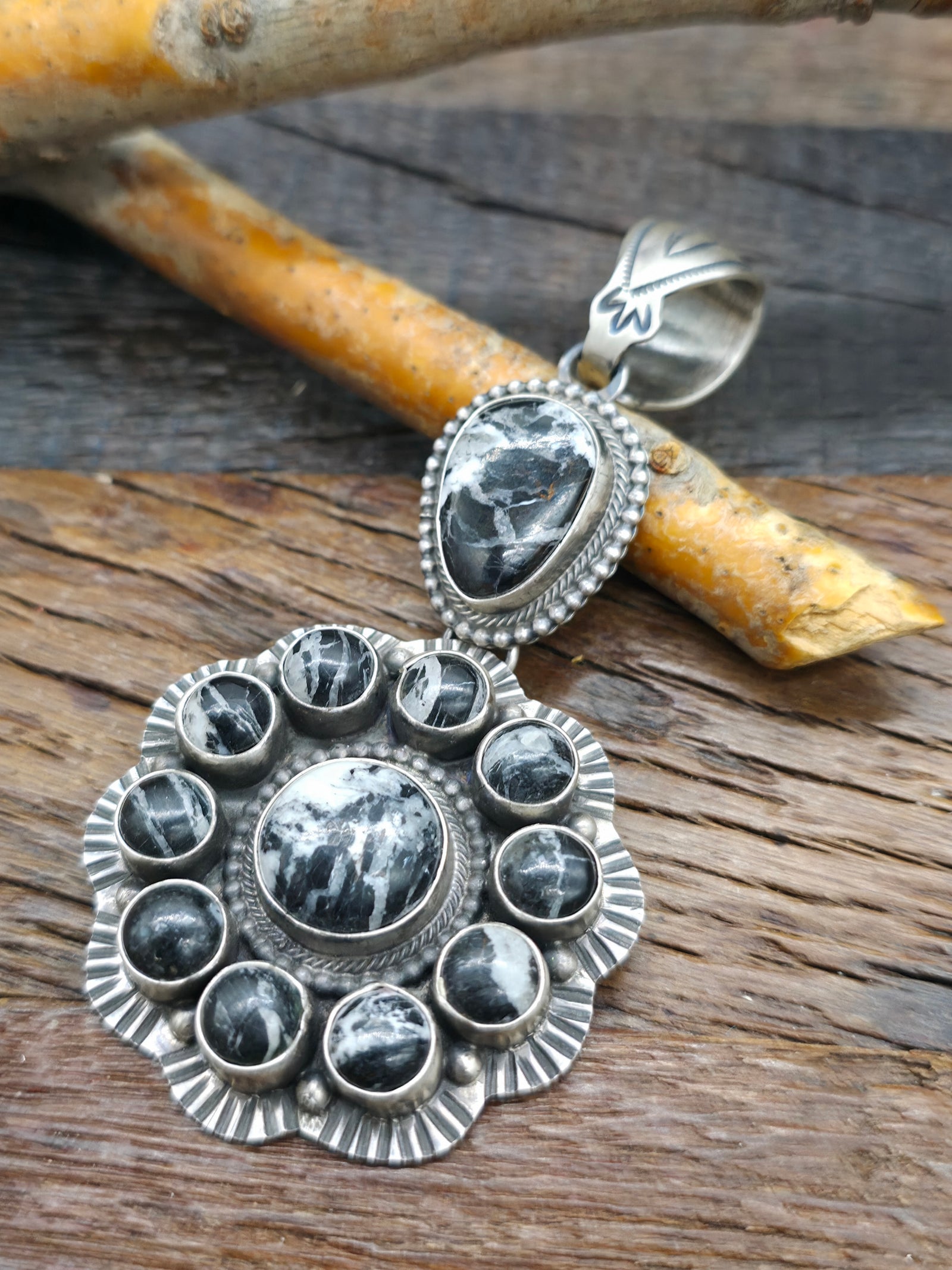 Sterling Silver White Buffalo Cluster Dangle Pendant by Robert Boyd - 3 1/2 in. by 2 in.