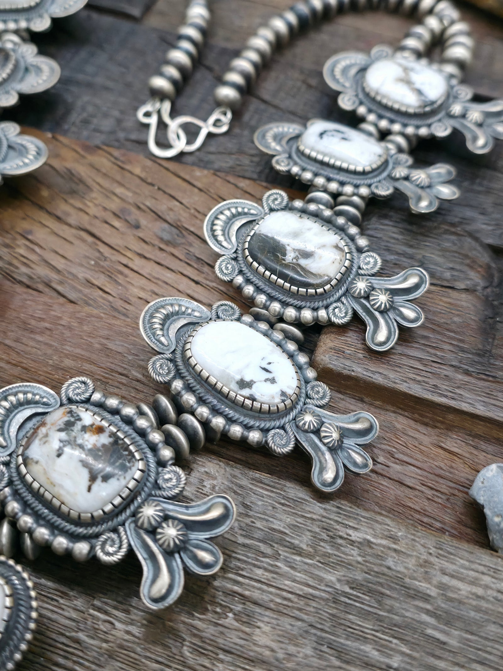Extra Large Stamped Sterling Silver White Buffalo Squash Blossom Necklace by Leon Martinez - 30 in.