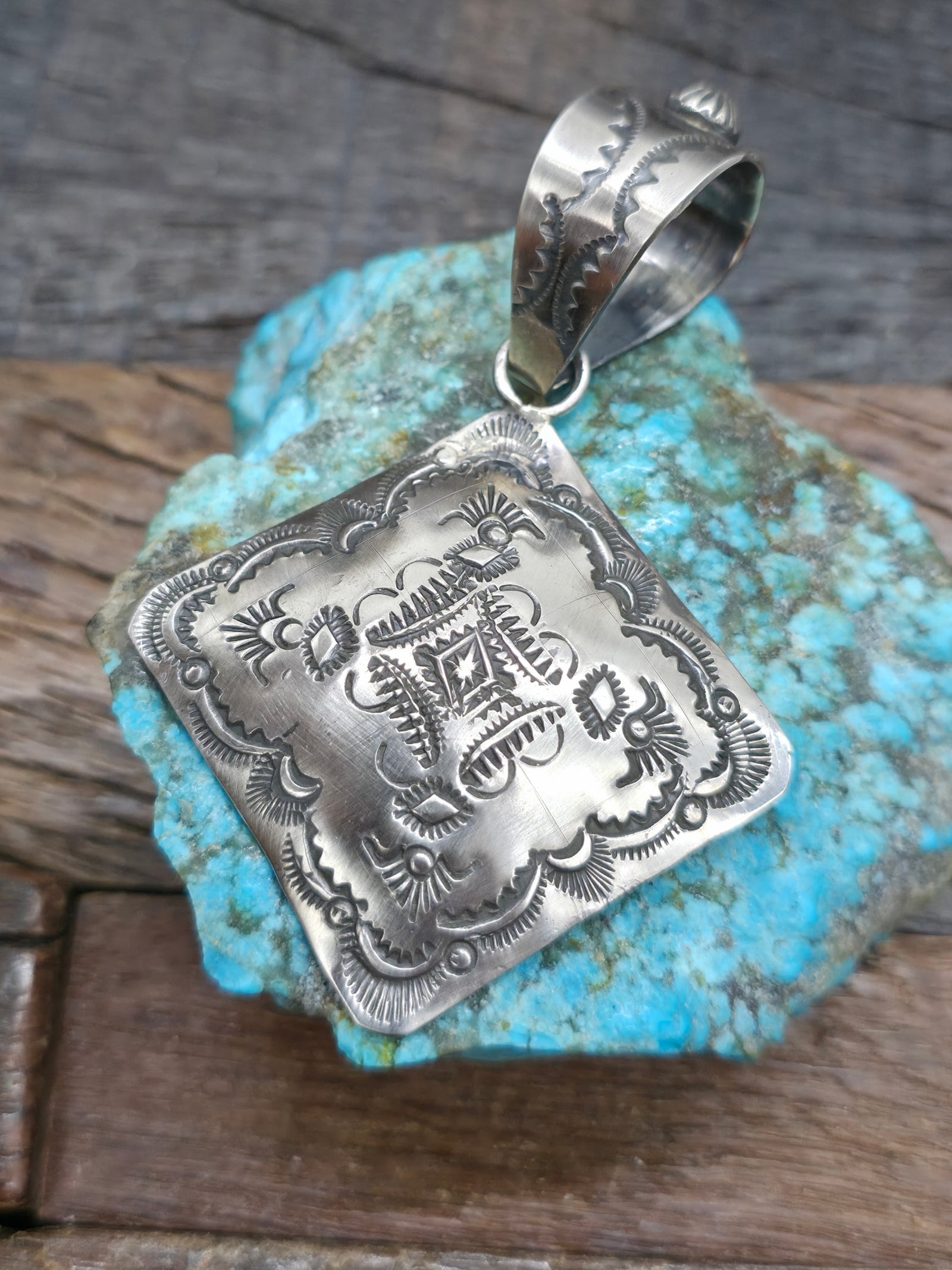 Stamped Sterling Silver Pendant by Vincent Platero - 3 1/4 in. by 2 in.