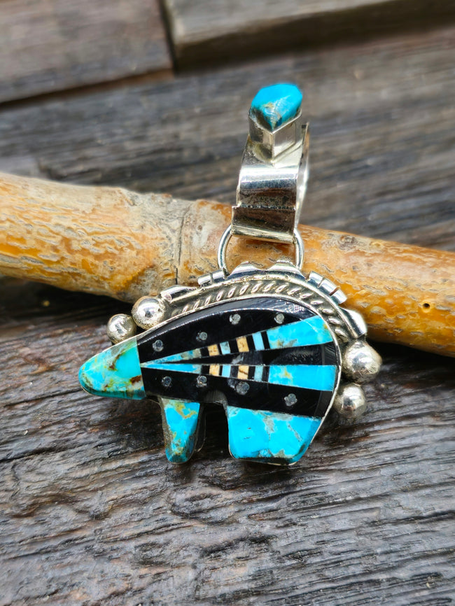 Turquoise and Jet Inlay Sterling Silver Bear Pendant by Ray Jack