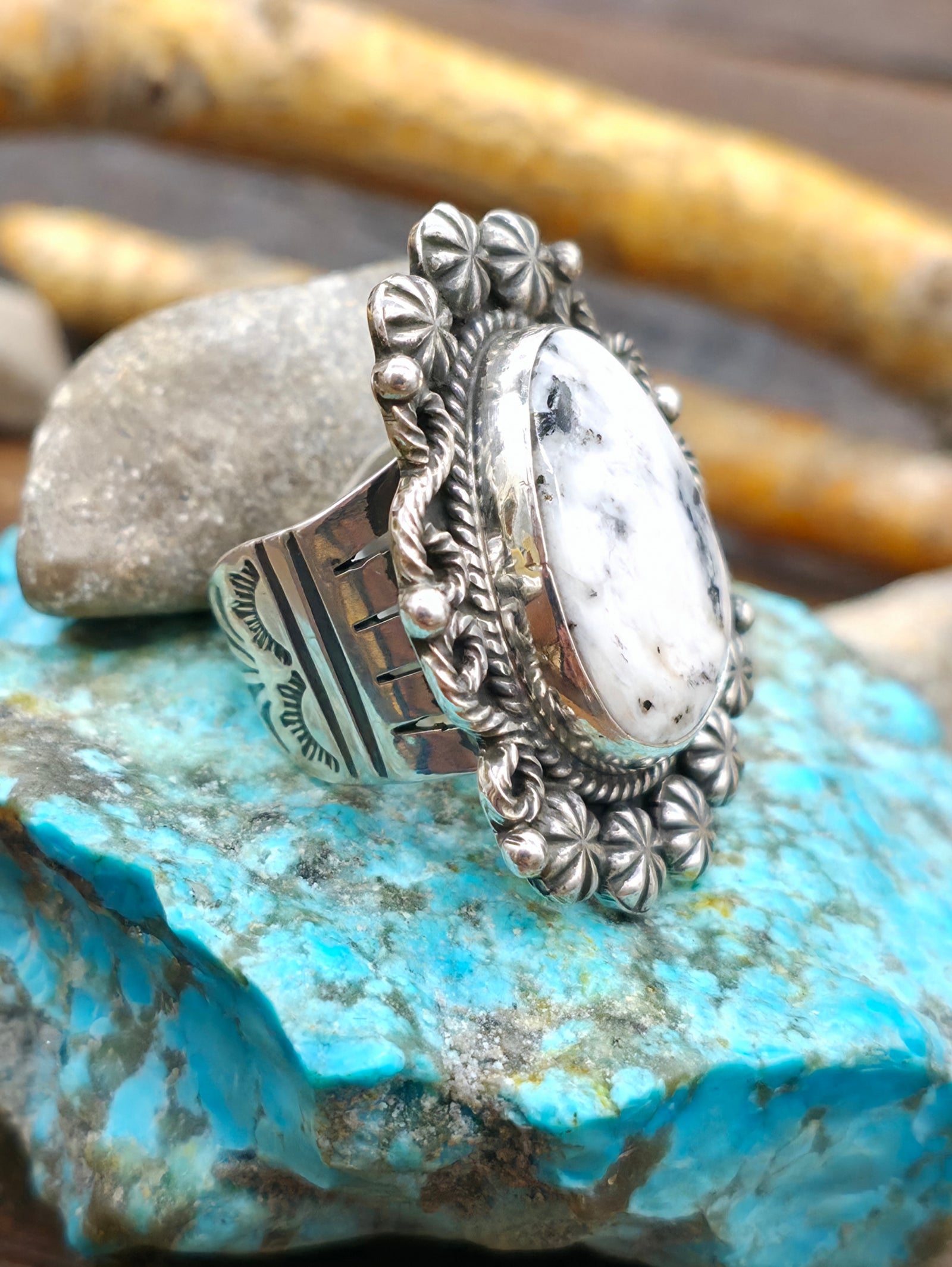 Stamped Sterling Silver White Buffalo Ring by Geneva Apachito - Size 8 1/2