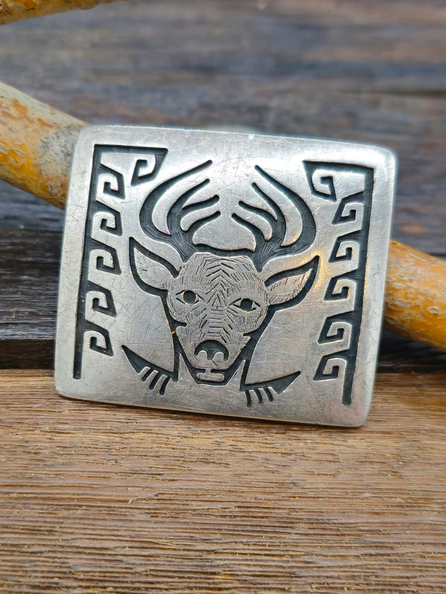 Vintage/Estate Sterling Silver Hopi Overlay Deer Buckle by Puhuheifvaya