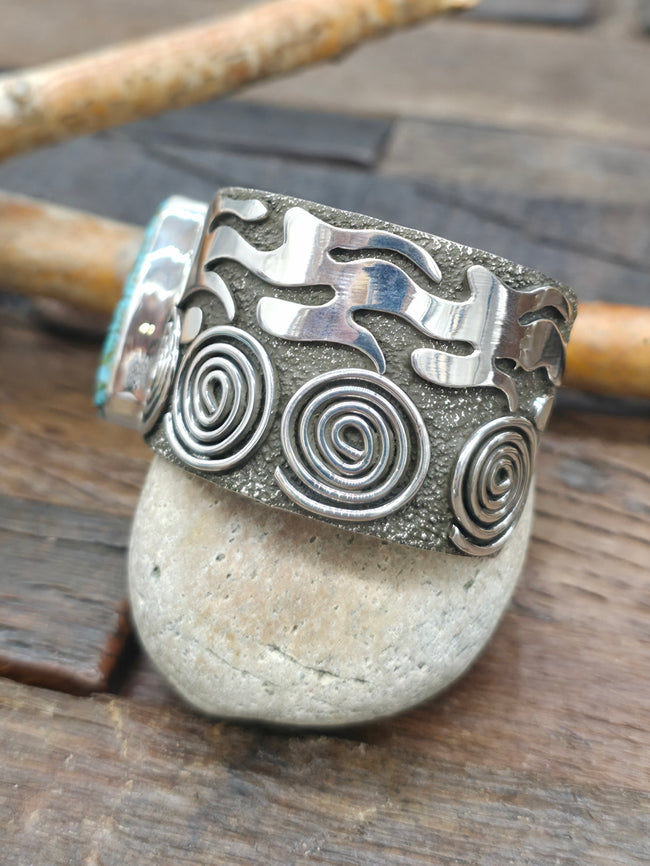 Petroglyph Sterling Silver & Kingman Turquoise Cuff by Alex Sanchez - 6 1/2 in. with Gap