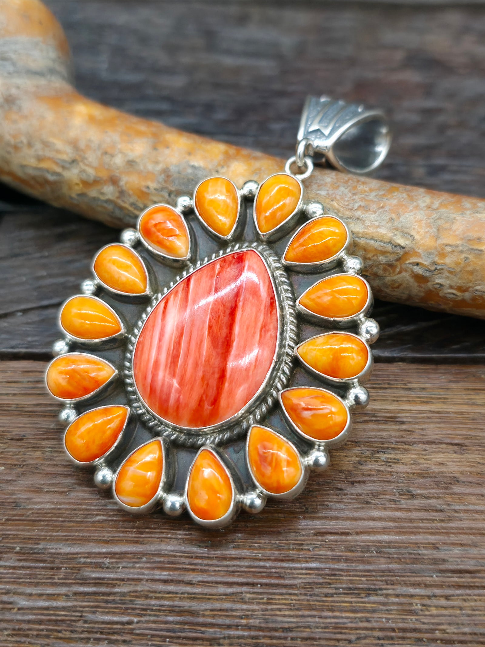 Sterling Silver Cluster Pendant Orange and Red Spiny Oyster