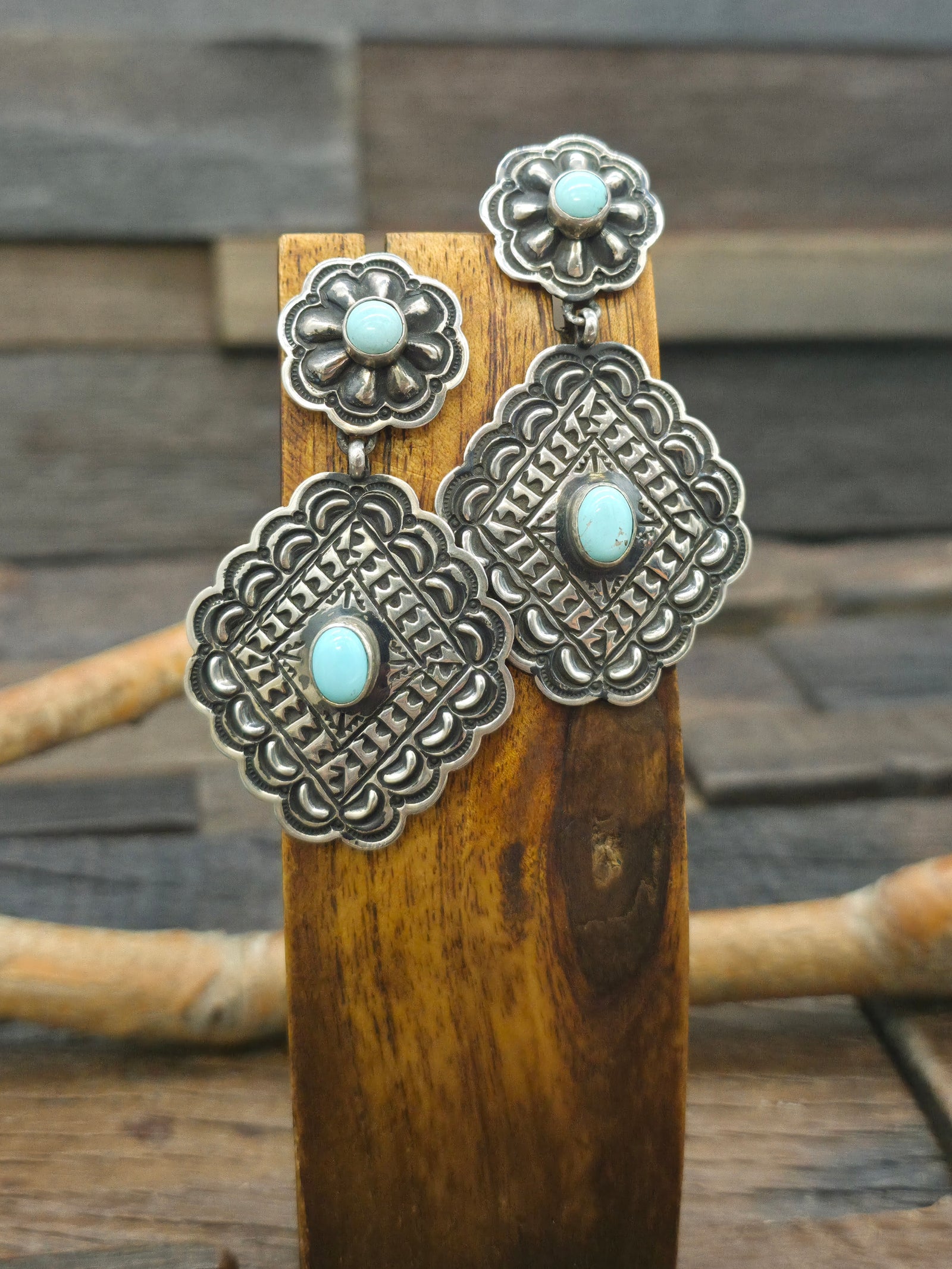 Sterling Silver Stamped Blue Turquoise Post Earrings 2 1/2in Dangle by T. White