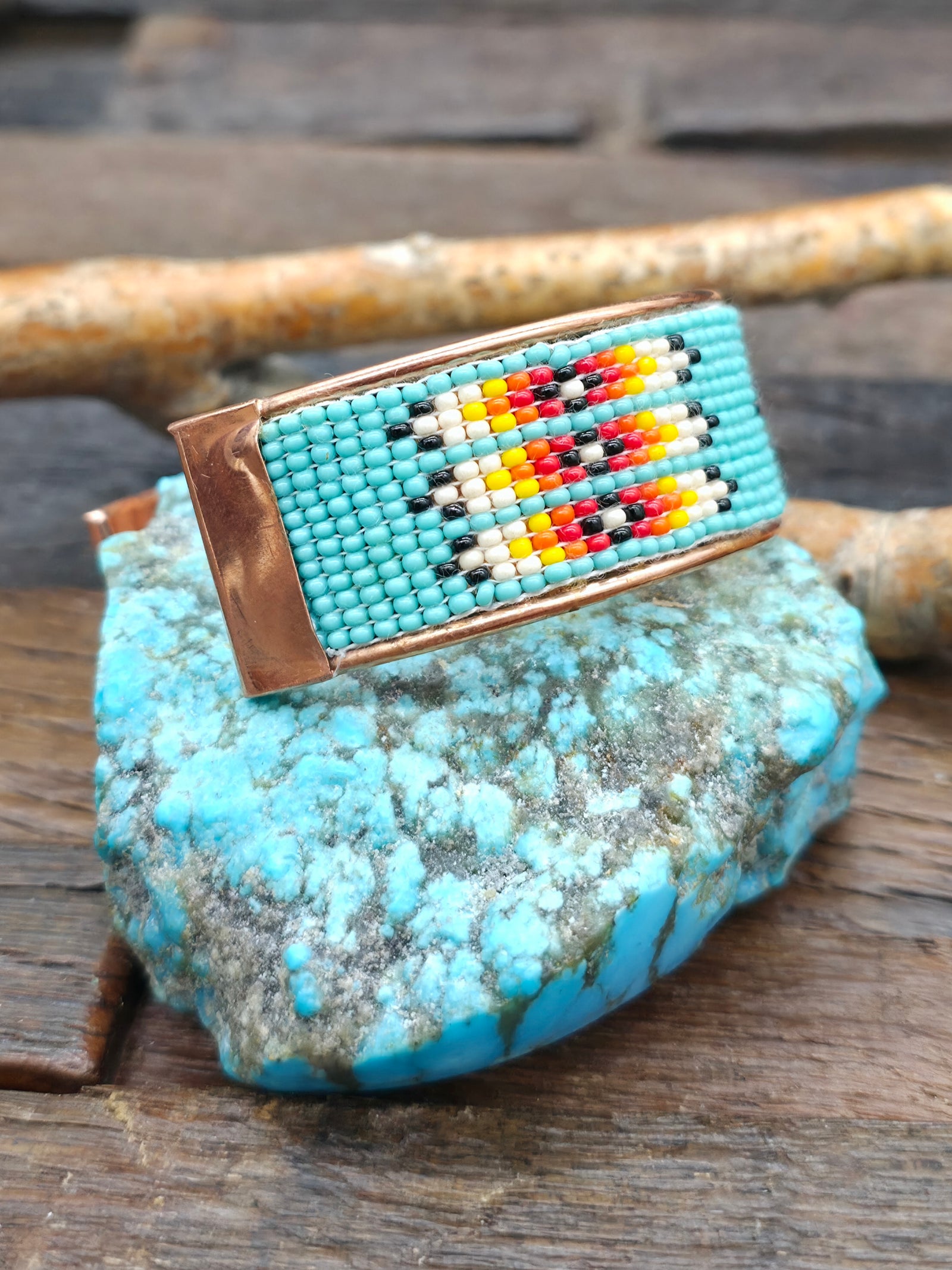 Turquoise Orange and Black Rug Design Beadwork Cuff on Copper by Jimmy Begay - 8 in. with Gap